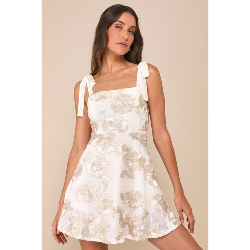 Lulus Truly Inspiring Ivory Mesh Floral Applique Tie-strap Mini Dress White